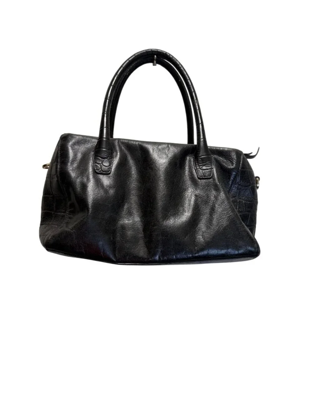 Cole Haan Black Leather Croc-Embossed Satchel Bag With Dual Handles & Zipper Clo
